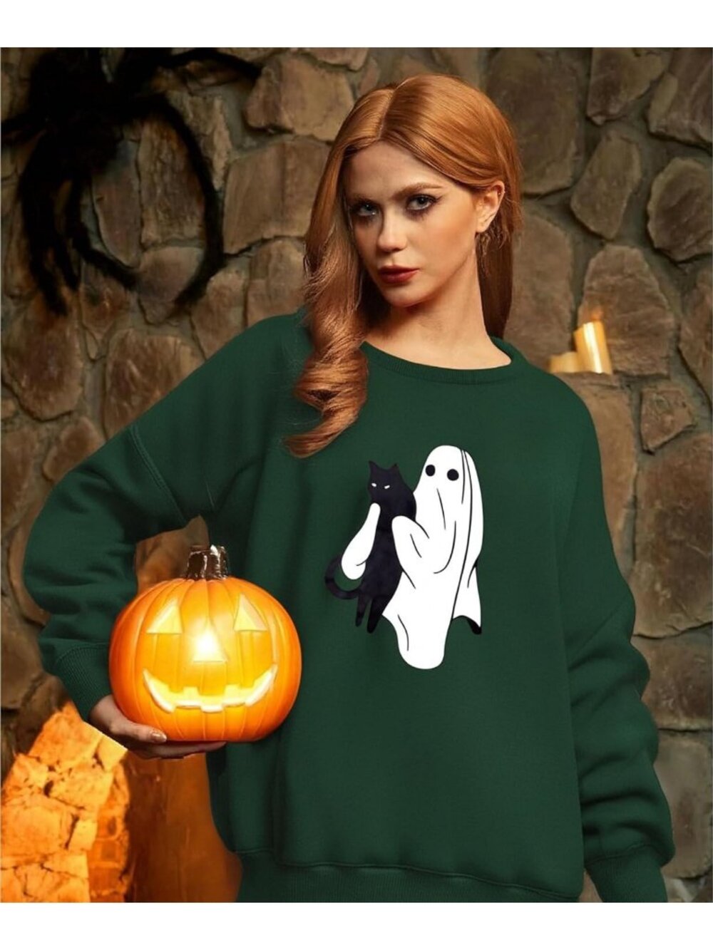Women's Halloween Green Cat Ghost Oversized Sweatshirt Fall Spooky Sweater